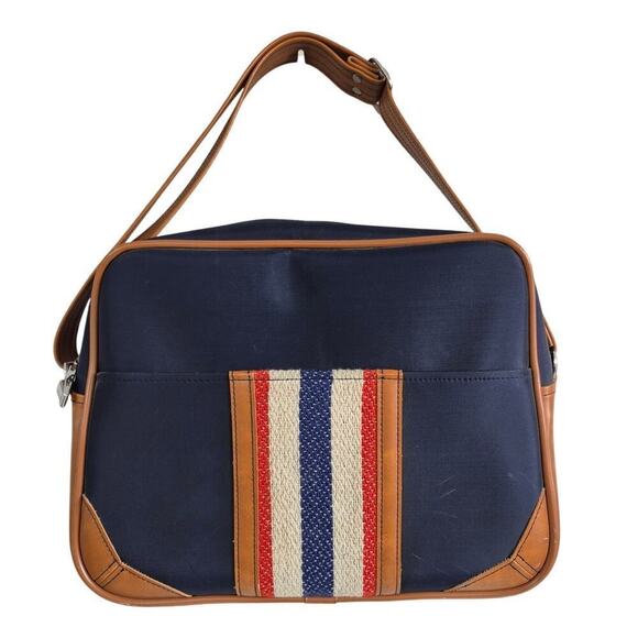 VTG American Luggage Striped Travel Bag Adjustable Strap Blue Brown Vinyl Trim - Picture 2 of 9